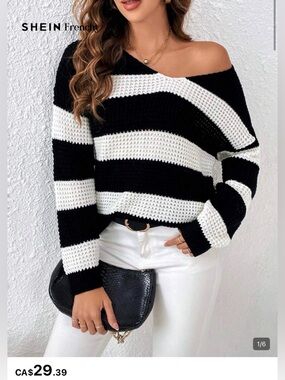 Black & White Striped Off-Shoulder Sweater